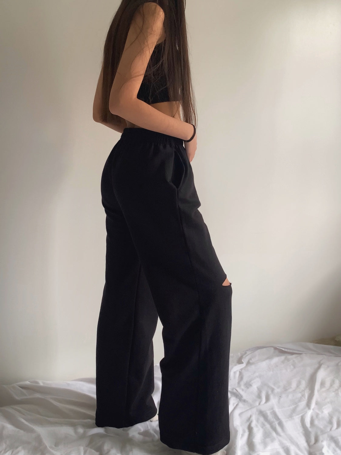 Wide Leg Pants Con Corte - Negro