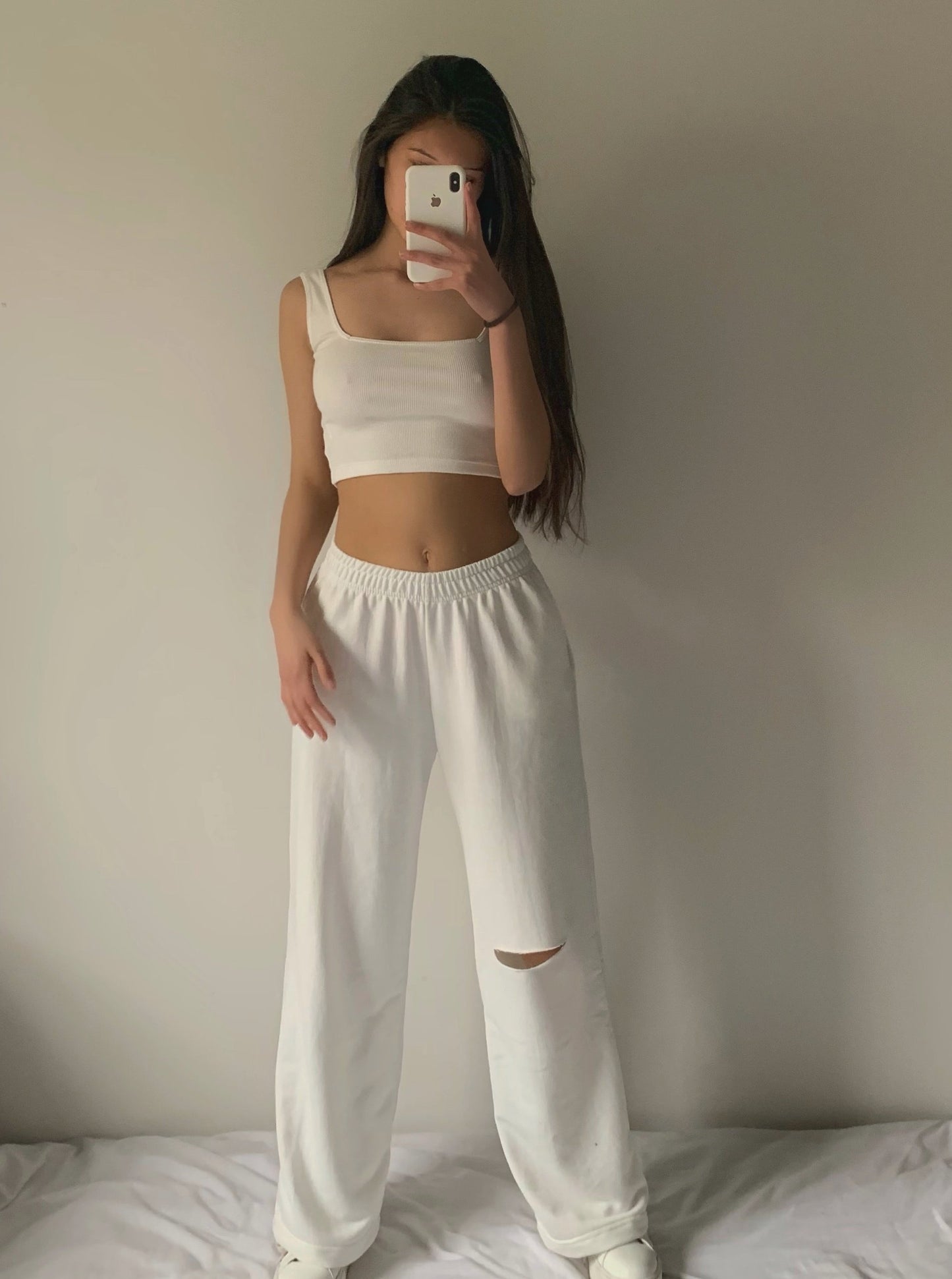 Wide Leg Pants Con Corte - Blanco Hueso
